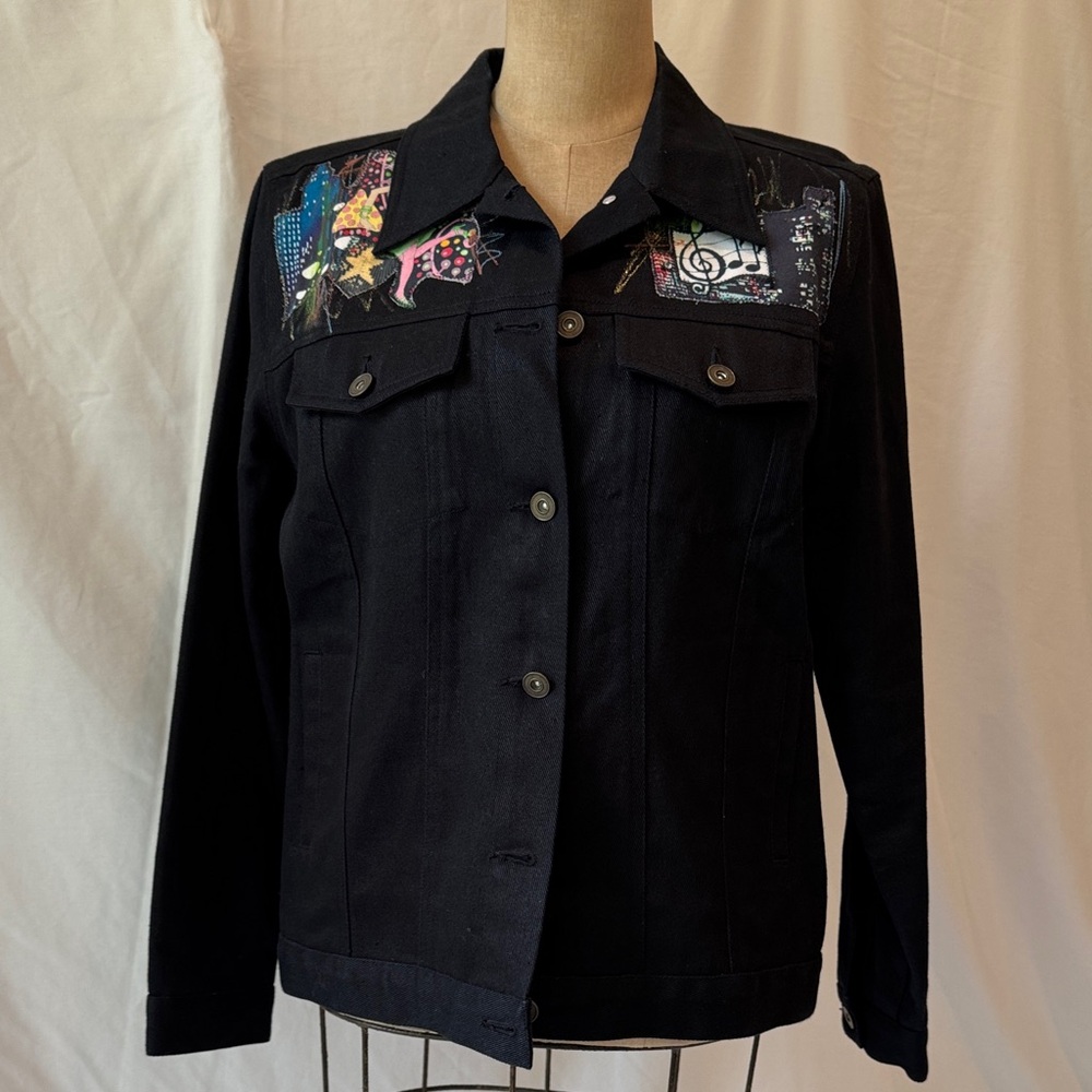 Jane Elissa Women's Black Denim Jacket with New York motif Designs.